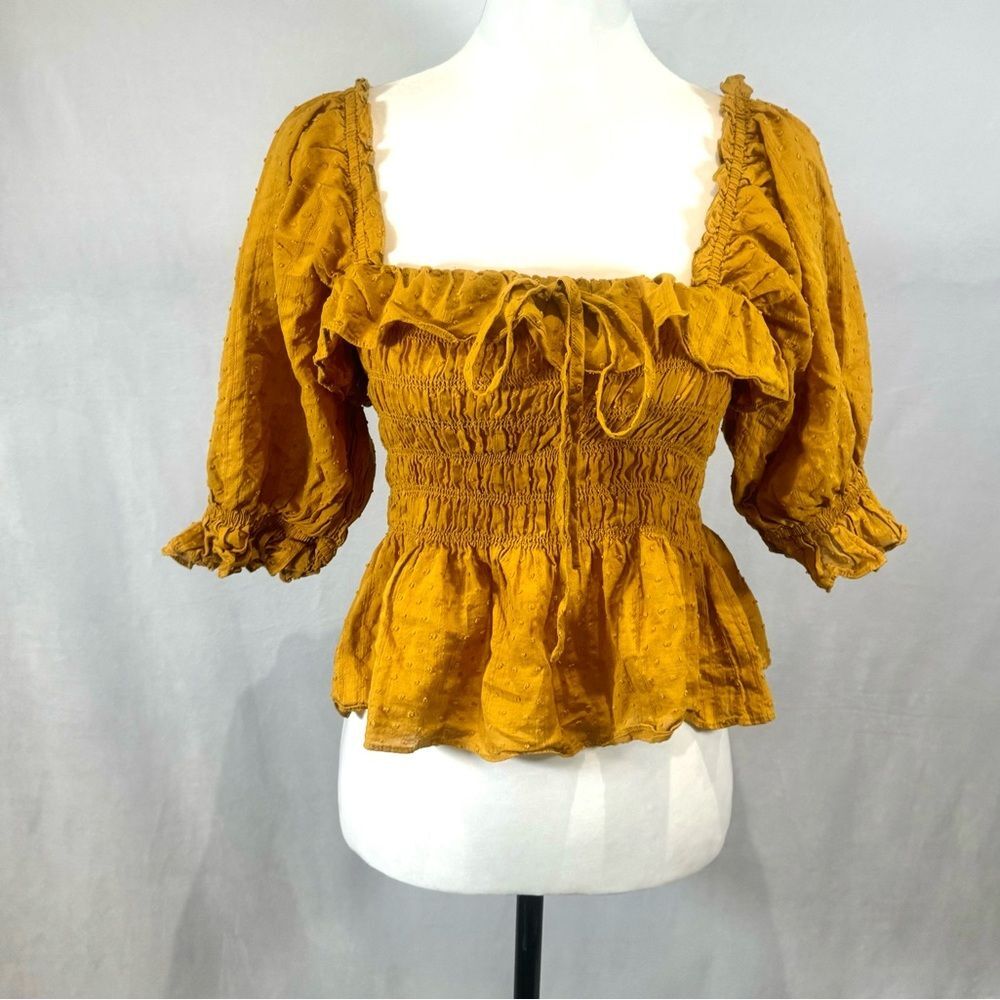 Indigo rising 100% cotton mustard yellow clip dot smocked peplum top size large